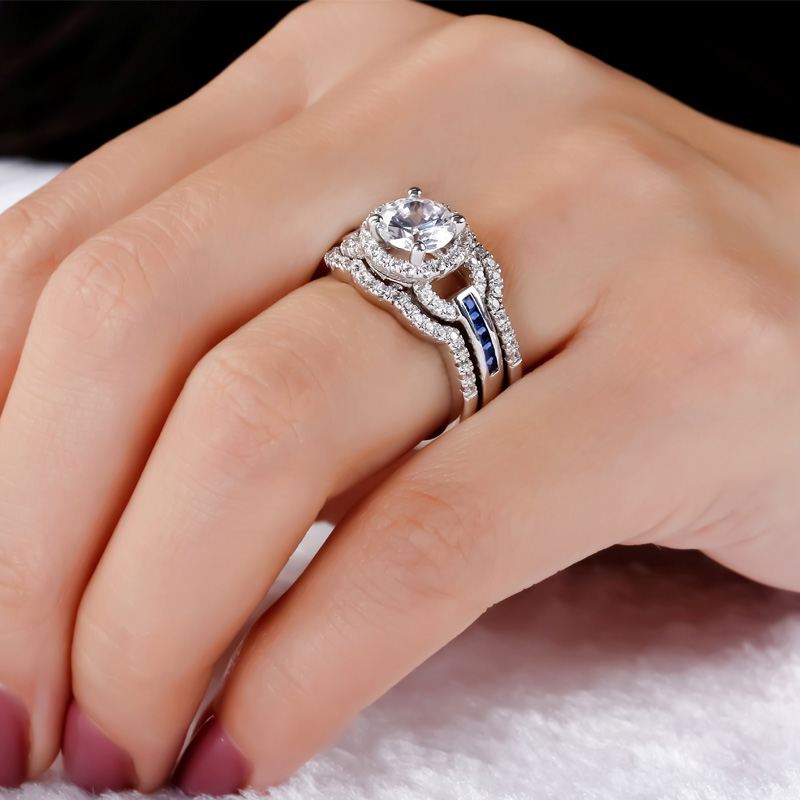 Jeulia 3PC Halo Round Cut Sterling Silver Ring Set Jeulia Jewelry