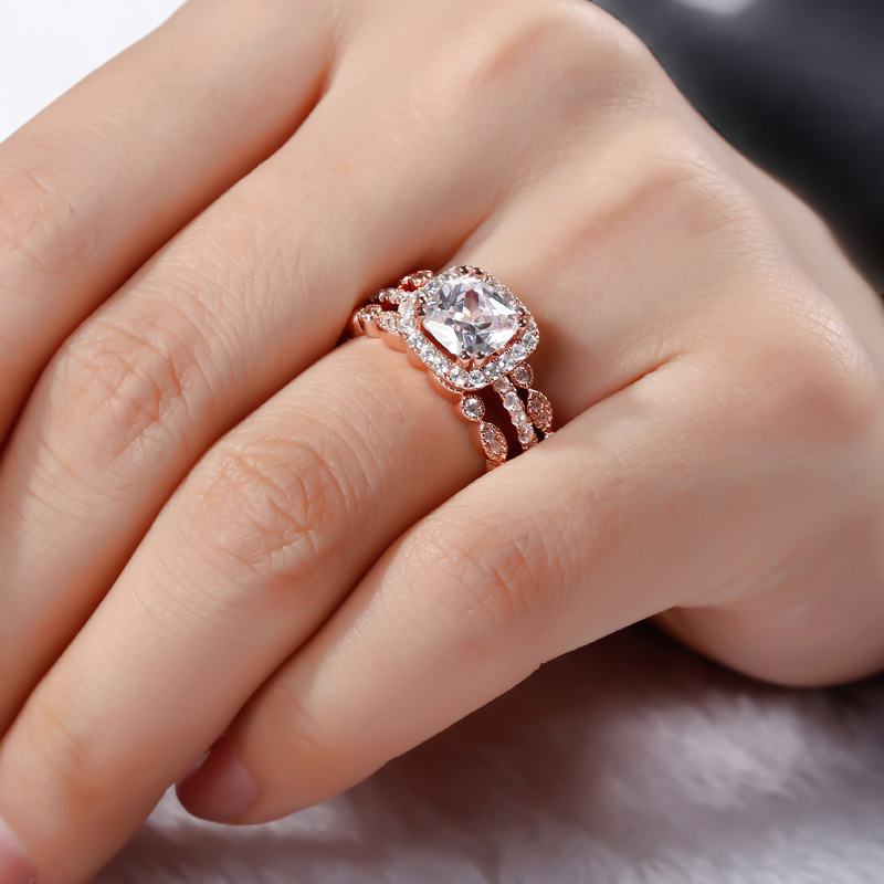 3pc Halo Cushion Cut Sterling Silver Ring Set Jeulia Jewelry