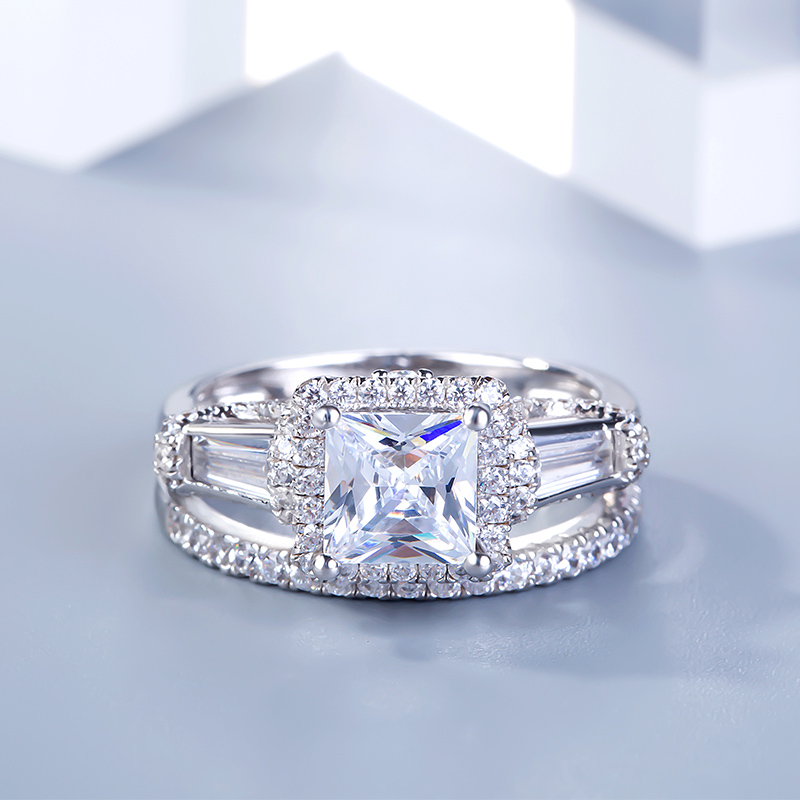 Three Stone Halo Princess Cut Sterling Silver Ring Set Jeulia Jewelry