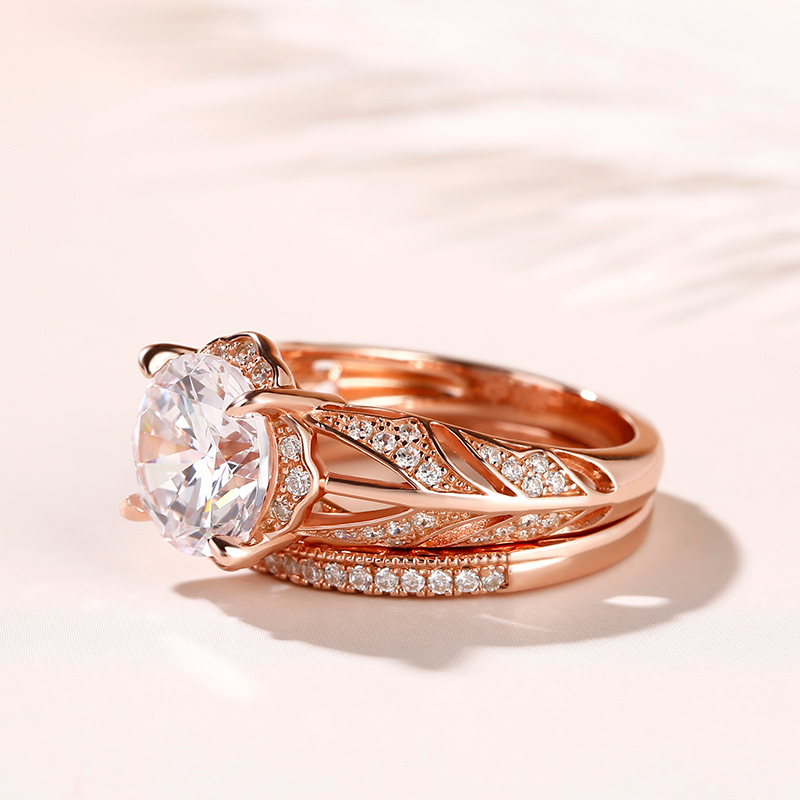 Jeulia Rose Gold Tone Floral Round Cut Sterling Silver Ring Set ...