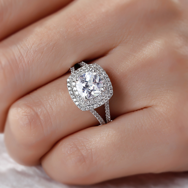 Jeulia Halo Split Shank Cushion Cut Sterling Silver Engagement