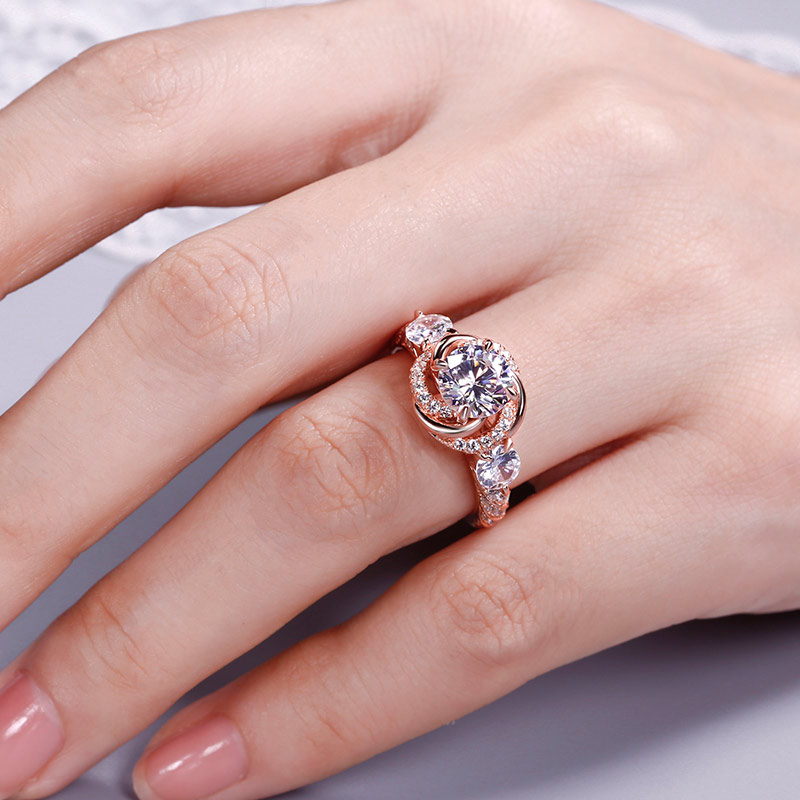 JEULIA 925 Sterling Silver Intertwined Ring Daisy Hawaiian Flower Rings for Women White Diamond Round Halo Engagement Ring Set Bridal Anniversary Birthday Gift with Beautiful Jewelry Box