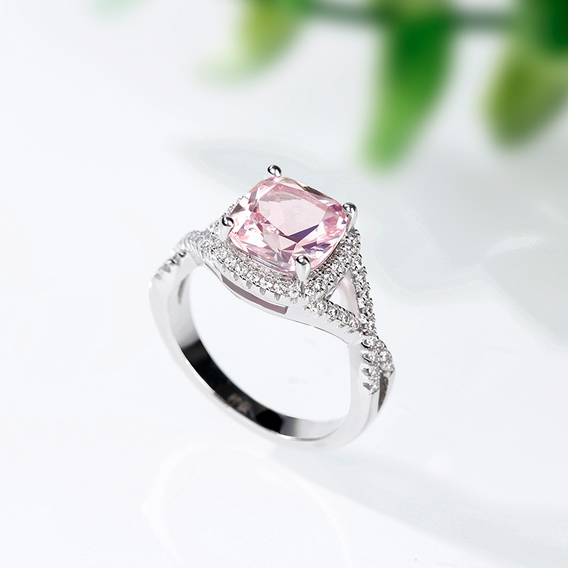 Jeulia Twist Halo Cushion Cut Synthetic Morganite Sterling Silver Ring ...