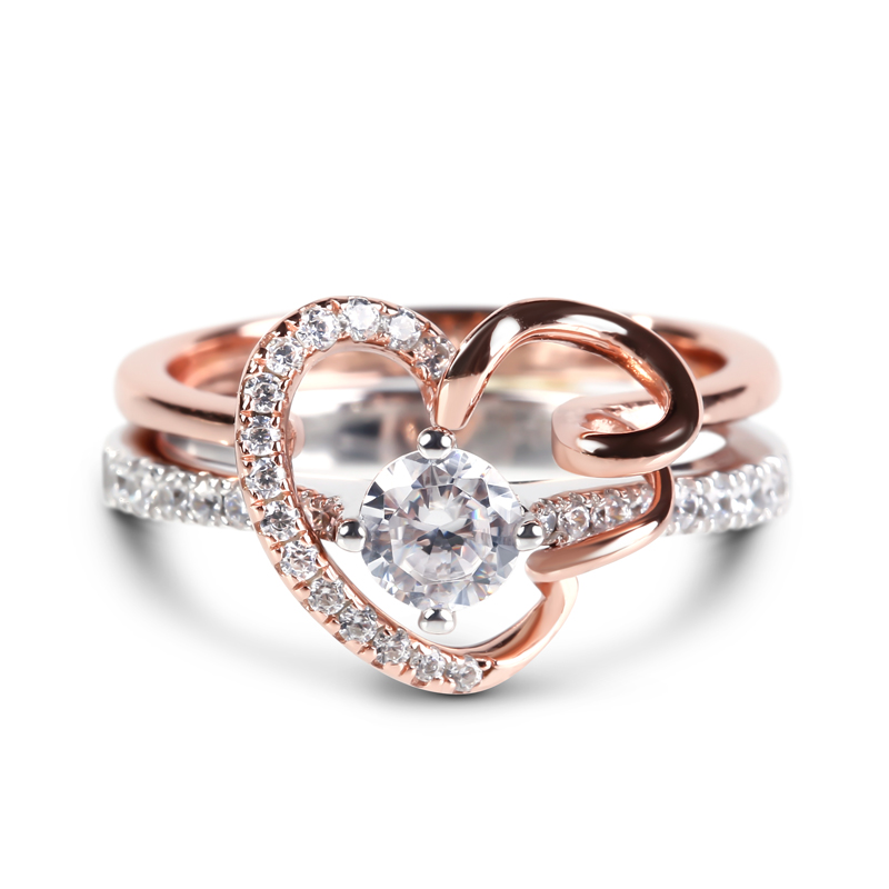 

Interlocking Two Tone Round Cut Sterling Silver Ring Set