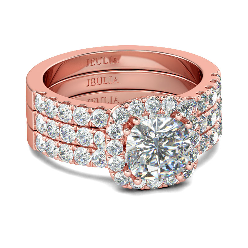 

3PC Rose Gold Tone Halo Cushion Cut Sterling Silver Ring Set