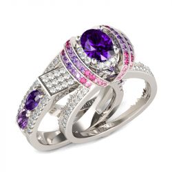 Amethyst Purple Bridal Sets For Her Jeulia Jewelry Halo Oval Cut Sterling Silver Ring Set