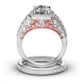 Scrollwork Halo Round Cut Sterling Silver Ring Set