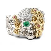 Two Tone Floral Round Cut Sterling Silver Skull Ring