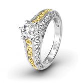Two Tone Scrollwork Round Cut Sterling Silver Ring
