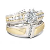 Two Tone Bypass Round Cut Sterling Silver Ring Set