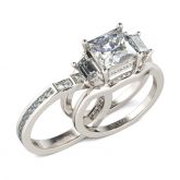 Three Stone Princess Cut Sterling Silver Ring Set