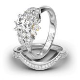 Jeulia Flower Design Halo Round Cut Sterling Silver Ring Set