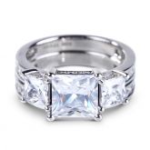 Three Stone Princess Cut Created White Spphire Ring Set