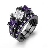 Three Stone Princess Cut Sterling Silver Ring Set