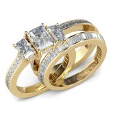3PC Yellow Three Stone Radiant Cut Sterling Silver Ring Set