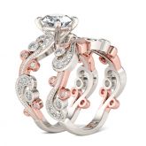 Two Tone Scrollwork Round Cut Sterling Silver Ring Set