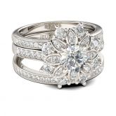 Flower Design Round Cut Sterling Silver 3PC Ring Set
