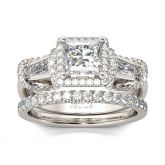 Three Stone Halo Princess Cut Sterling Silver Ring Set