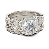 Milgrain Leaf Design Round Cut Sterling Silver Ring Set