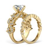 Leaf Shape Gold Tone Round Cut Sterling Silver Ring Set