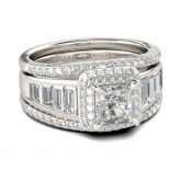 Jeulia Double Halo Princess Cut Sterling Silver 3PC Ring Set