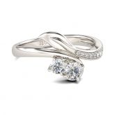 Leaf Design Bypass Duo Round Cut Sterling Silver Ring