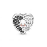 Heart Shape Black & White Stone Skull Charm Sterling Silver