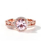 Jeulia Halo Milgrain Round Cut Synthetic Morganite Sterling Silver Ring Set