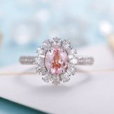 Floral Halo Oval Cut Synthetic Morganite Sterling Silver Ring