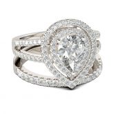 Double Halo Pear Cut Sterling Silver Ring Set