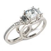 Three Stone Cushion Cut Sterling Silver Ring Set