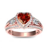 Three Stone Halo Heart Cut Sterling Silver Ring