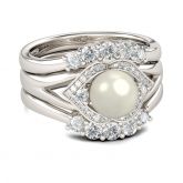 Halo Faux Pearl Sterling Silver 3PC Ring Set