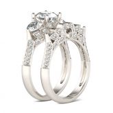 Three Stone Leaf Shape Round Cut Sterling Silver Ring Set