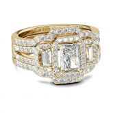 3PC Halo Gold Tone Radiant Cut Sterling Silver Ring Set
