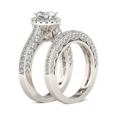 Halo Round Cut Sterling Silver Ring Set