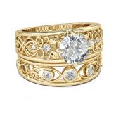 Gold-Tone Scrollwork Round Cut Sterling Silver Ring Set