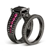 Black Princess Cut Sterling Silver Ring Set