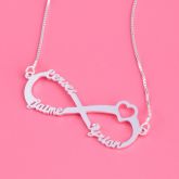 Heart Shape Three Name Infinity Necklace Sterling Silver