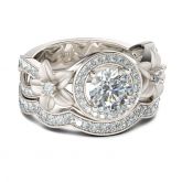 Jeulia Halo Flower Round Cut Sterling Silver Ring Set