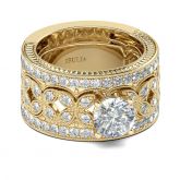 Jeulia Gold Tone Milgrain Round Cut Sterling Silver Ring Set