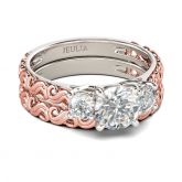 Two Tone Three Stone Round Cut Sterling Silver Ring Set