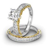 Two Tone Scrollwork Round Cut Sterling Silver Ring Set