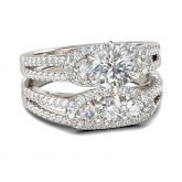 Three Stone Halo Round Cut Sterling Silver Ring Set