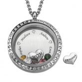 Engraved Floating Locket Necklace With Charms And Birthstones Stainless Steel
