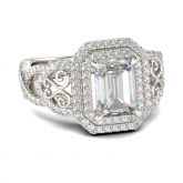 Double Halo Emerald Cut Sterling Silver Ring