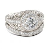 Milgrain Halo Round Cut Sterling Silver Ring Set