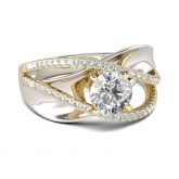 Two Tone Crossover Round Cut Sterling Silver Ring