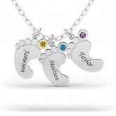 Engraved Baby Feet Family Necklace with Birthstones Sterling Silver
