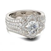 Floral Style Round Cut Sterling Silver Ring Set